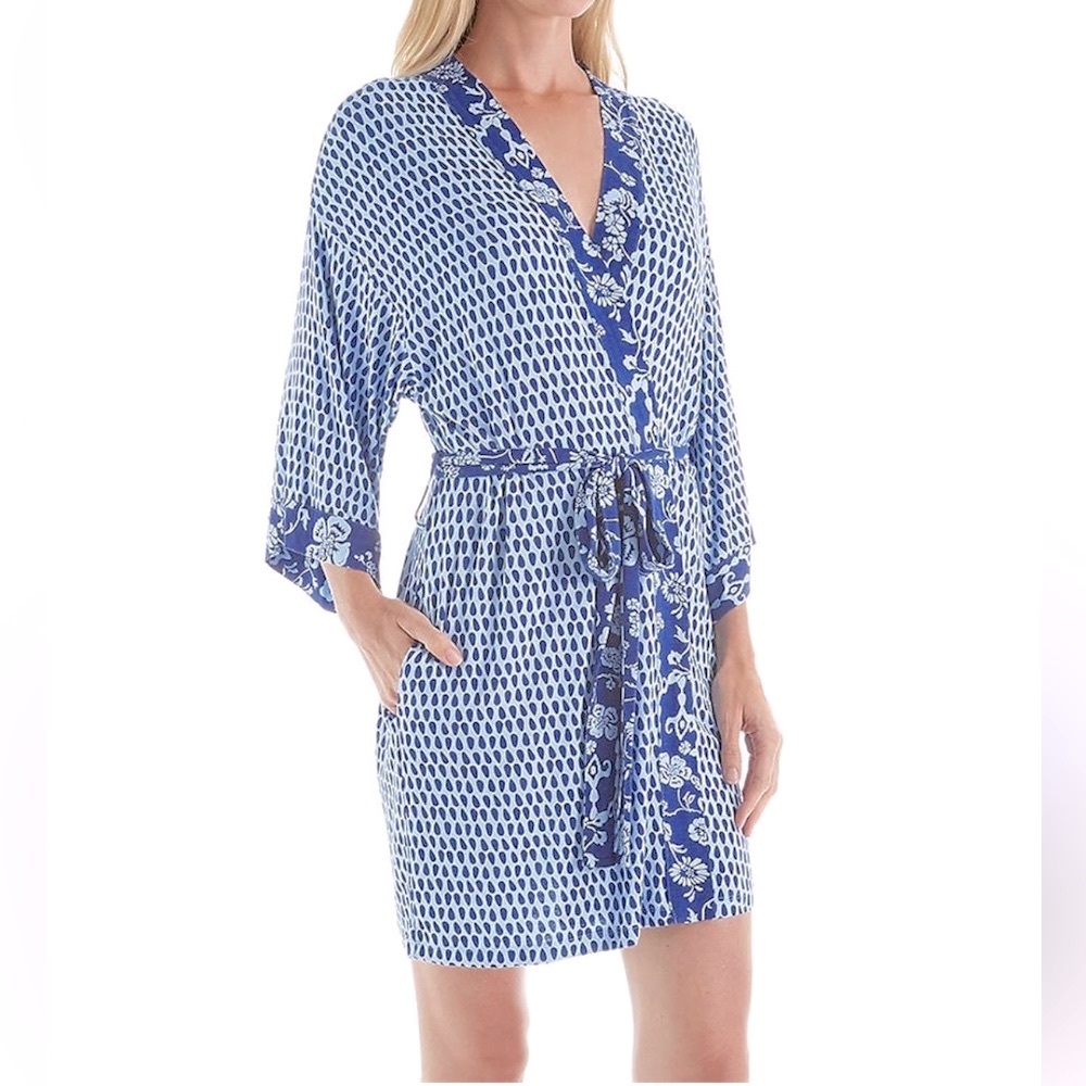 Oscar de la Renta Pink Label Women's Blue And White Wrap Robe XS/S